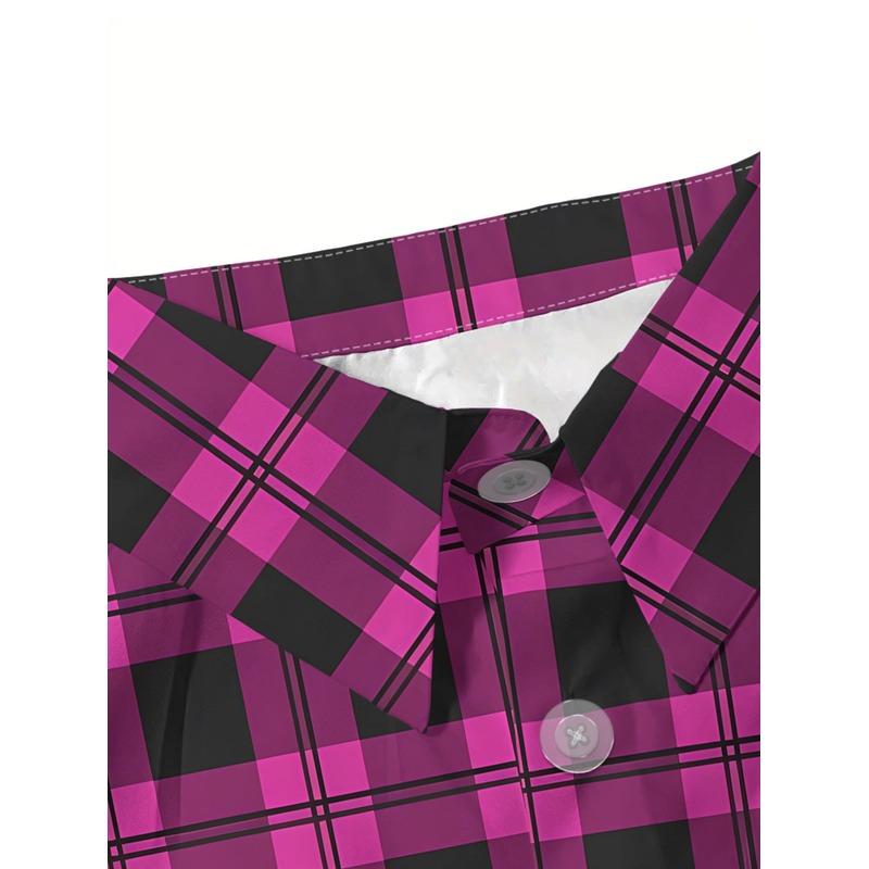 Women's Casual Short Sleeve Button Up Shirt Black Purple Checkered Pattern Regular Fit Vibrant Colors Machine Washable Fashionab