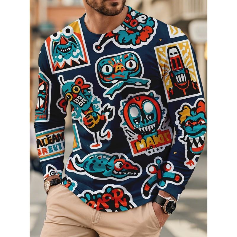 3D Printed Cool Cartoon Graffiti T Shirt For Men Skull Robot Pattern Tees Autumn Casual Long Sleeves O-Neck Tops Loose T-Shirts