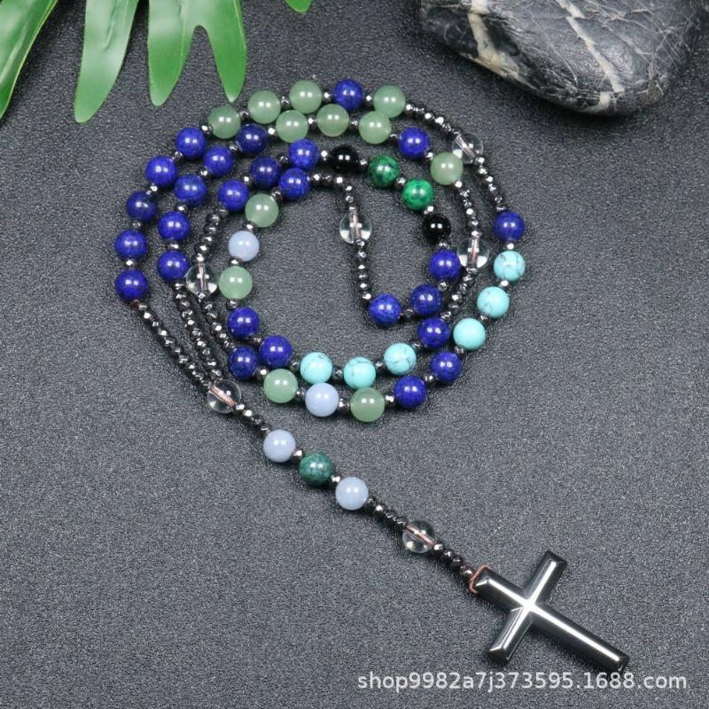 Lapis Lazuli Mixed Stone Rosary Necklace – Stainless Steel Cross Pendant, Wisdom Protection Gift for Men Women