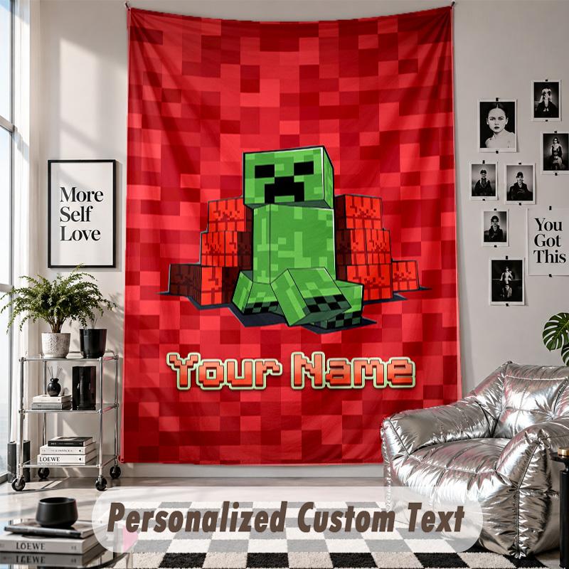 Wall Hanging Tapestry With Custom Name & Text, Minecraft Decorative Tapestry For Bedroom