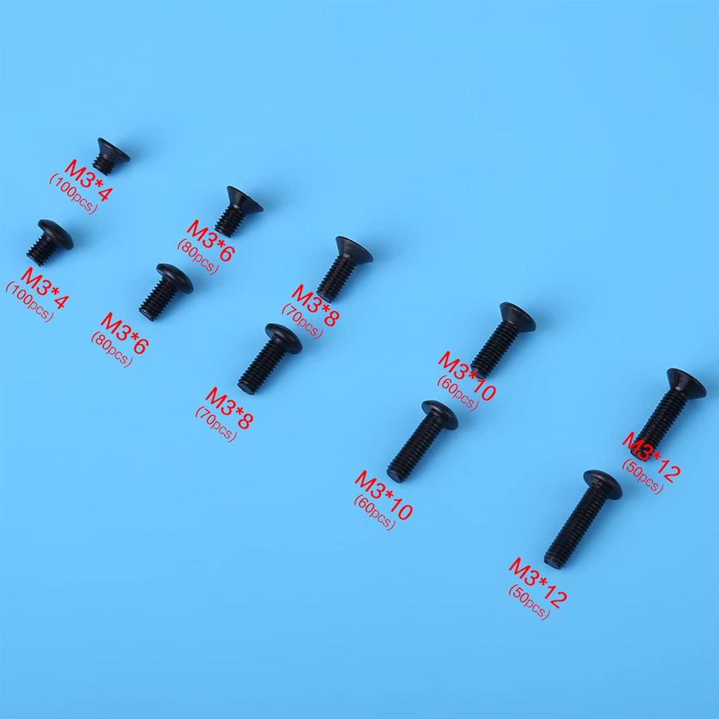 720PCS M3 Hex Bolt Screw Assorted M3x4mm 6mm 8mm 10mm 12mm Black Alloy Steel Pan & Flat Head Hex Socket Screws with Plastic Box