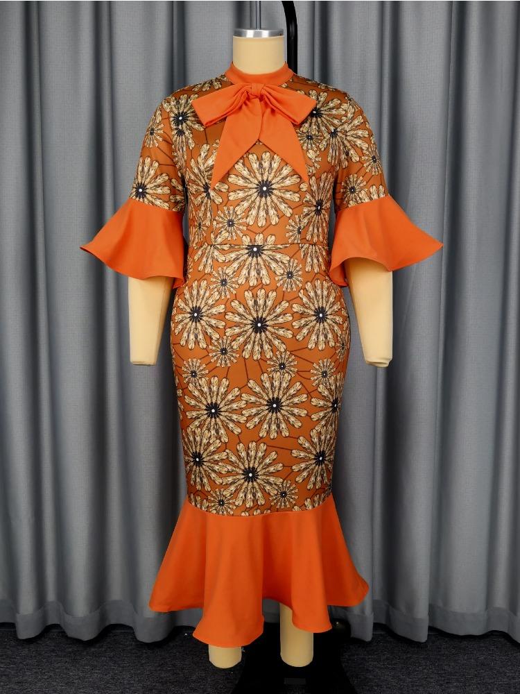 Женские элегантные платья с принтом, с бантом, полувысоким воротником, рукавами 3/4 клеш, лоскутным дизайном, подолом «русалка», для офиса, для церкви, зимние платья