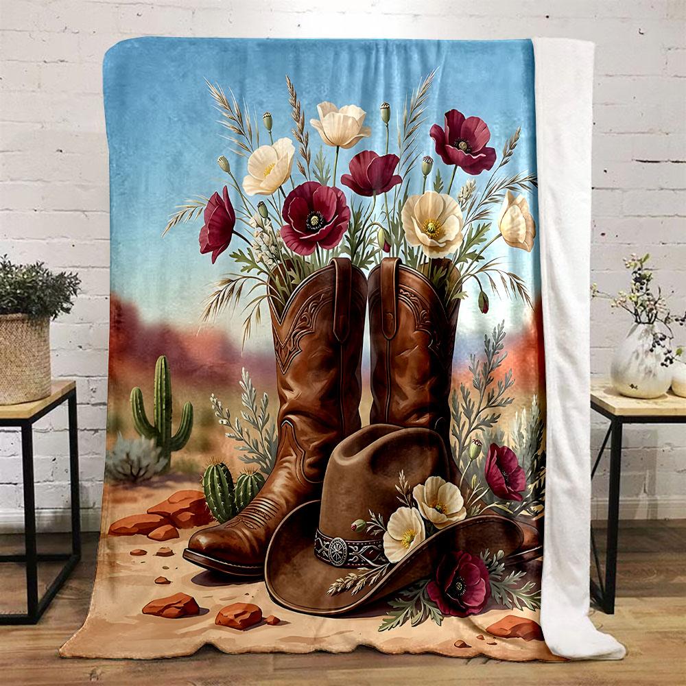 Western Boots and Hat with Flowers Patterned flannel blanket perfect for the bedroom living room, sofa, or a little nap