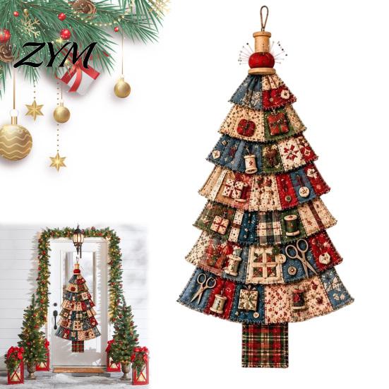 Layered Cloth Festive Entryway Sign Christmas Handmade Door Hanging Kit, Patchwork Tree Decoration DIY Sewing Textured Fabric Wall Set, Rustic