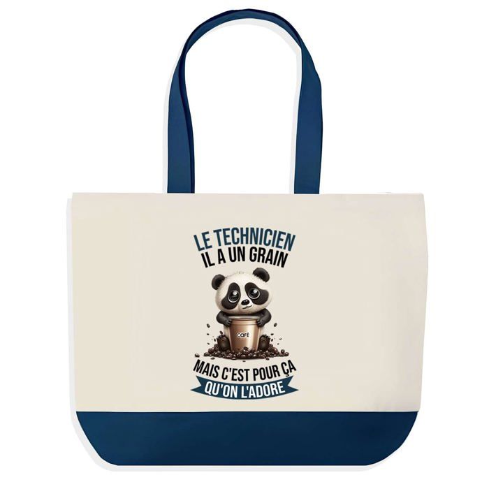 Tote bag - PLANETEE - Technicien Panda - fond bleu - coton 40x45 cm - grand format