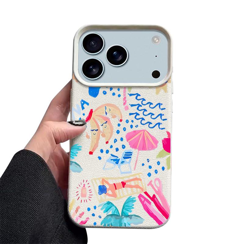 Мультяшный кейс для рисования на тему отпуска для iPhone 17 Pro Max iPhone 16 Pro Max 15 14 13 12 11 16E Air Роскошный силиконовый чехол с текстурой кожи