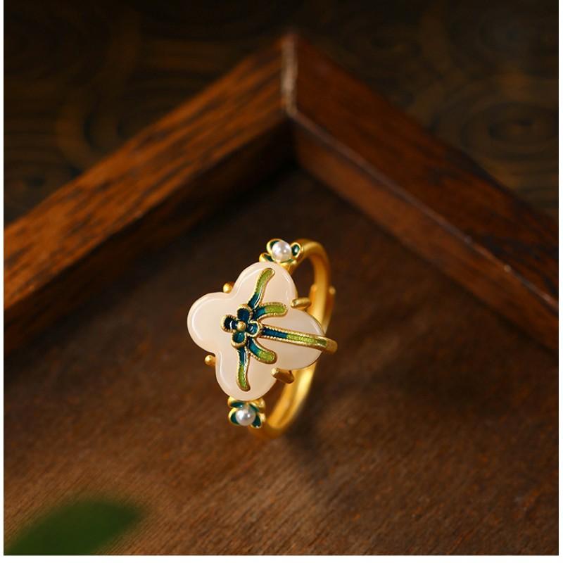 Vintage Floral Enamel Earring Ring Set Women Gold Plated With Mixed Gemstone Inlay Chinese Inspired Retro Jewelry