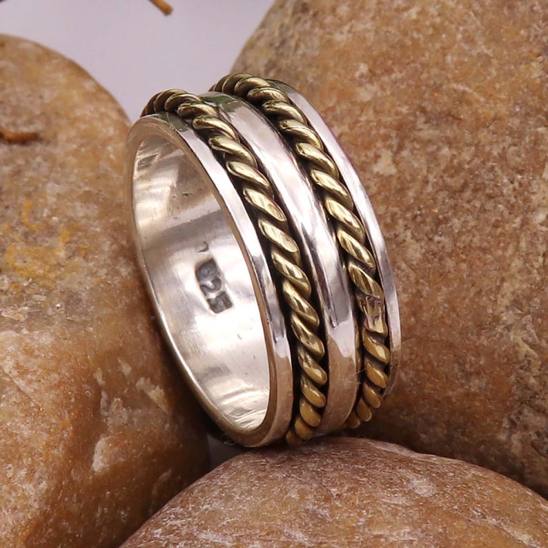 Кованое кольцо в стиле бохо, трехцветное кольцо-спиннер, серебро 925 пробы, кольцо для медитации, кольцо-спиннер ручной работы, подарок для нее, подарок на день рождения