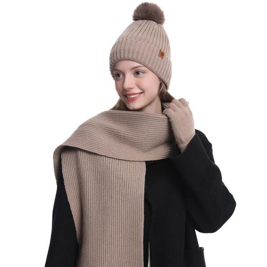3Pcs/Set Winter Knitted Scarf Gloves Set Pom Pom Ball Double Layer Thickened Brimless Hat Touchscreen Gloves Neck Warmer Set