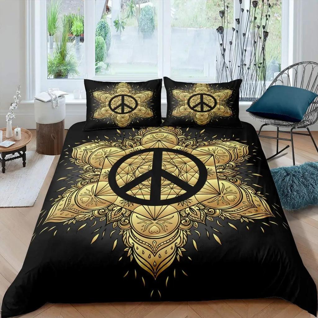 Boho Hippie Psychedelic Flowers Duvet Cover Colorful Peace Sign Bedding for Boys Girls Women Bedroom Decorative Rainbow Tie Dye