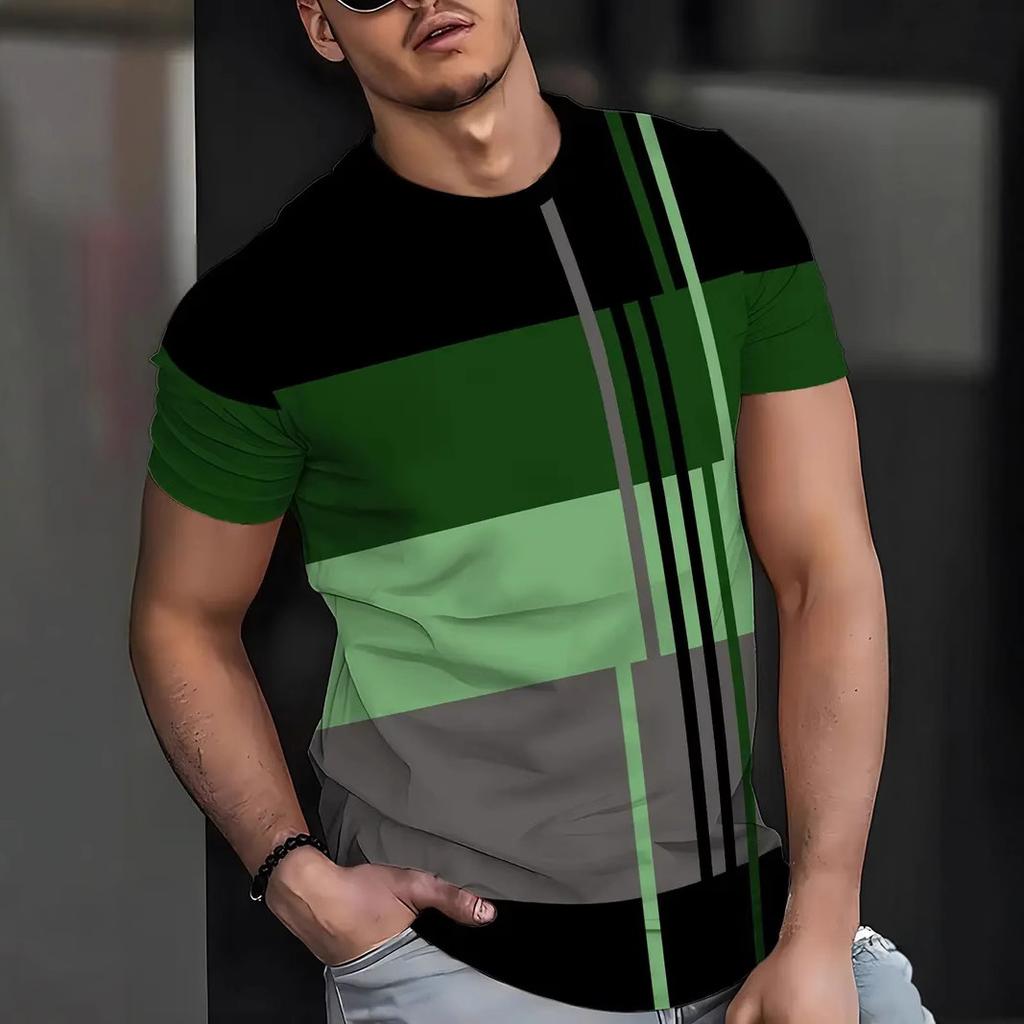 Летняя футболка с круглым вырезом, цветными блоками и полосатым 3D-принтом, модная, повседневная, с короткими рукавами, мужская