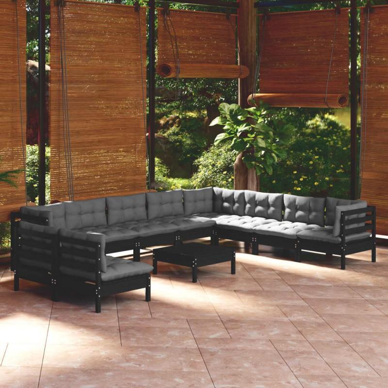 Día y Noche - Día y Noche Muebles de jardín 11 pzas con cojines negro madera maciza pino