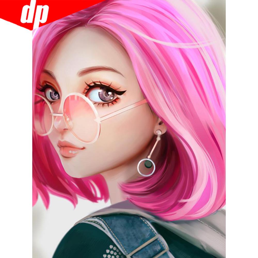 5D DIY Diamond Mosaic Portrait Pink Girl Full Round Embroidery Sale Rhinestone Picture