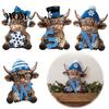 Modern Living Room Decor 4Pcs Christmas Highland Cow Figurine, Winter Blue Yak Statues with Snowflakes Xmas Elegant Seasonal Ornament Hats, Farmhouse