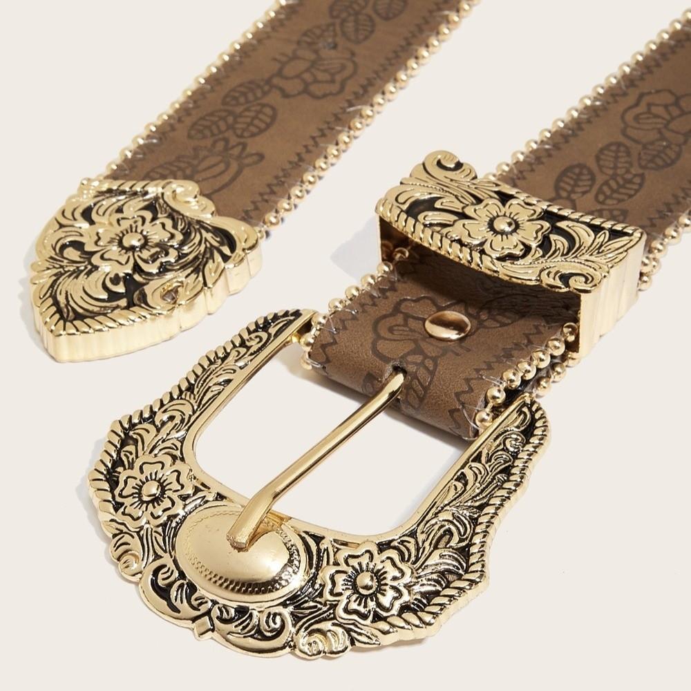 Metal Engraved Buckle Buckle Belt PU Leather Waistband Fashion Wide Waist Belt  for Men Women