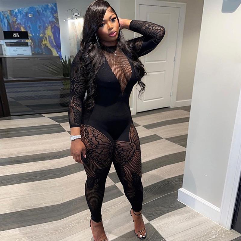 Сексуальные прозрачные комбинезоны, женские тонкие сетчатые комбинезоны с длинными рукавами и принтом бабочки, эластичная клубная одежда для тренировок, комбинезоны для тренировок