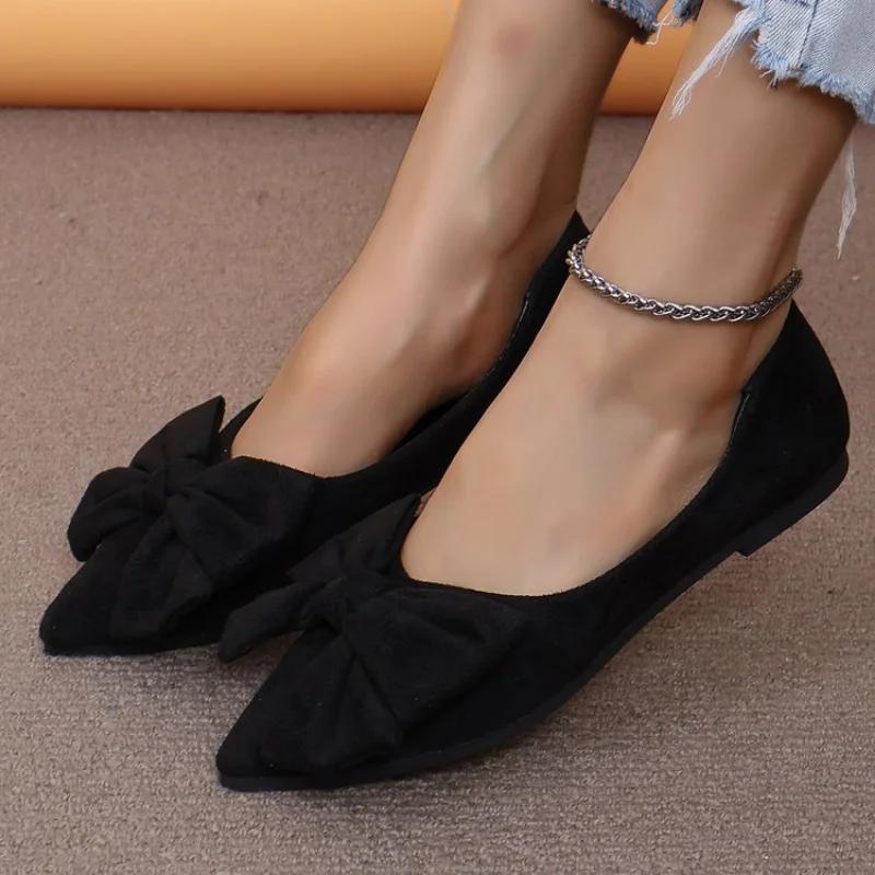 Fashion Women Flats Bow Pointed Toe Shoes Female Suede Walking Dress Shoes 2024 Spring Fashion Casual Sandals Shallow Zapatillas Mujer