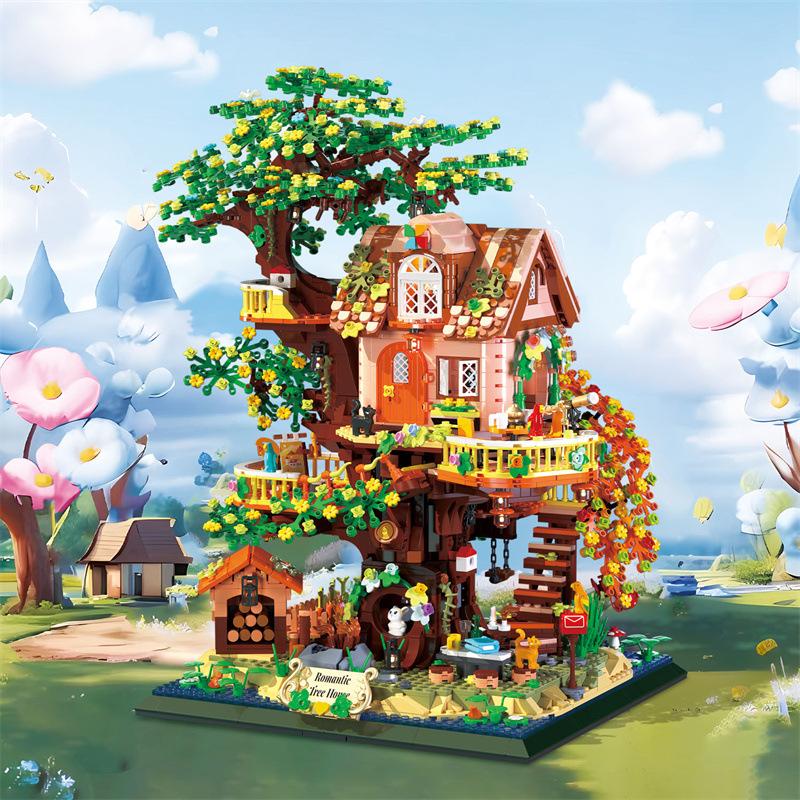 Non-Toxic 2In1 Tree House Building Block City Street View Miniature Assembled Home Decor Brick Children'S Toys For Kids Christmas Gifts