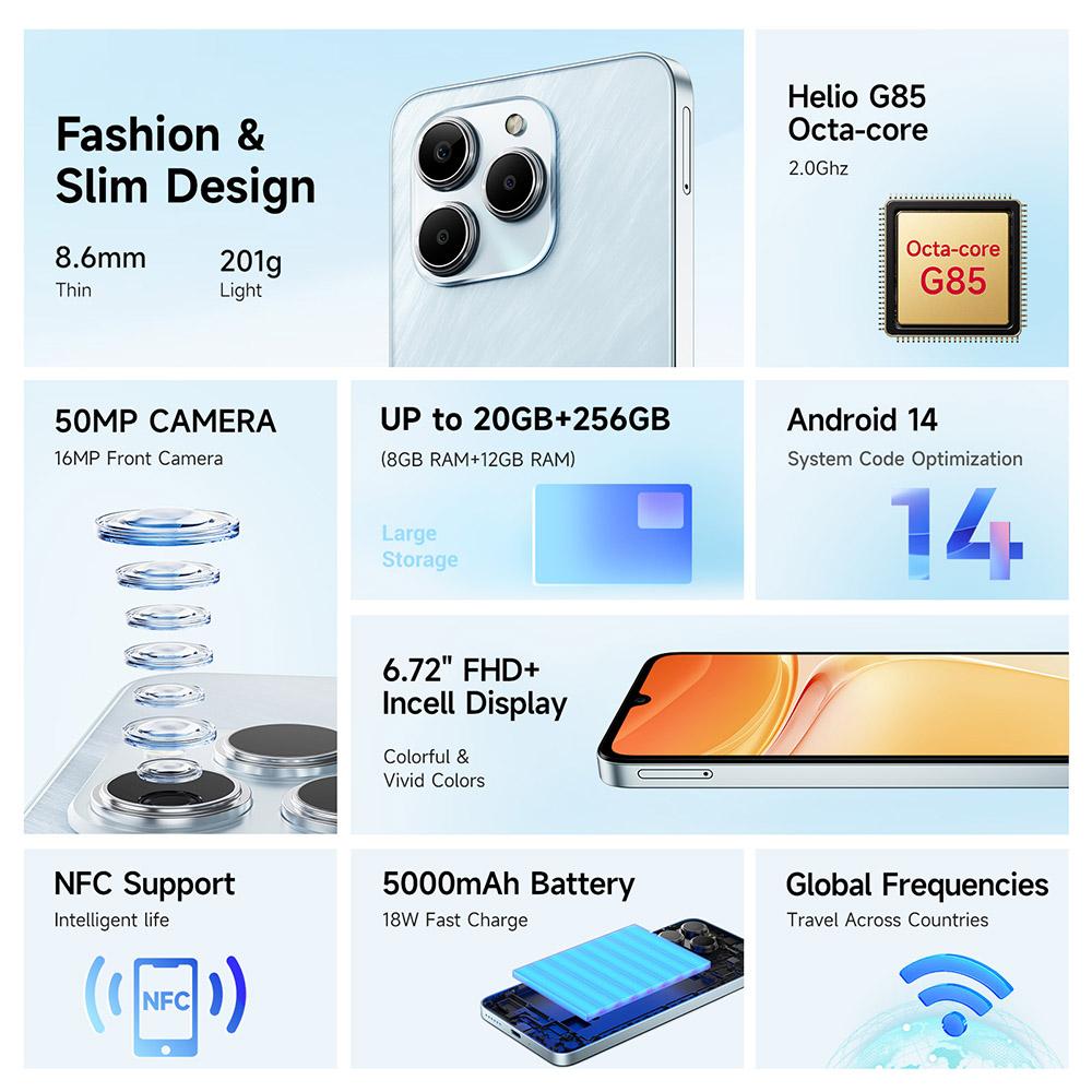 FOSSiBOT Смартфон S2 4G, Мобильный телефон Android 14 Разблокированный, 8 ГБ ОЗУ 256 ГБ ПЗУ, 6,72-дюймовый FHD-дисплей