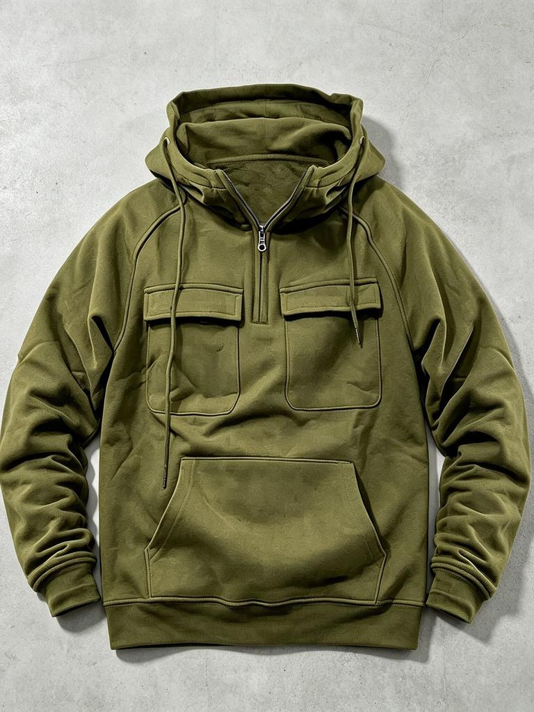 Men's Retro Workwear Hoodie Half Zip Oversize Multi-Pocket Solid Color Pullover Casual Streetwear