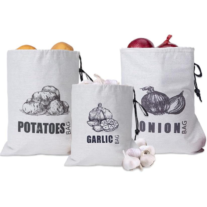TOGETRUE Potato Onion Storage Bag, Fabric Onion and Potatoes Storage Bag, Washable Garlic Potatoes Onions Keeper with Drawstring for Pantry, 2 Pack