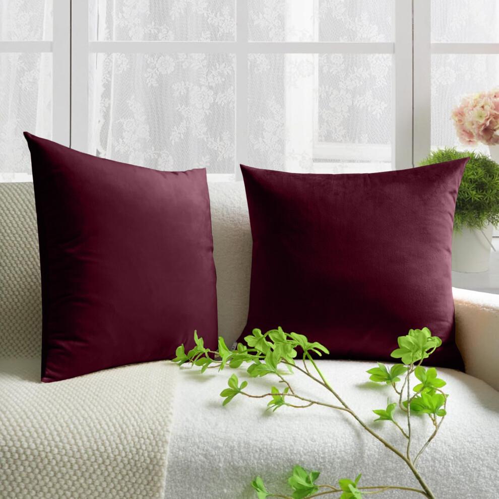 (Pack of 2 , Red / Burgundy) Plain Velvet Cushion Covers-Premium Quality Super Soft Pillowcases for Bed, Sofa & Living Rooms