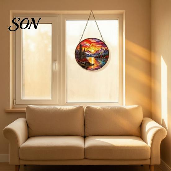 Modern Retro Interior Decor Stained Glass Style Suncatcher, Mountain Sunset Landscape Window Hanging Ornament, Colorful Light Refracting Art