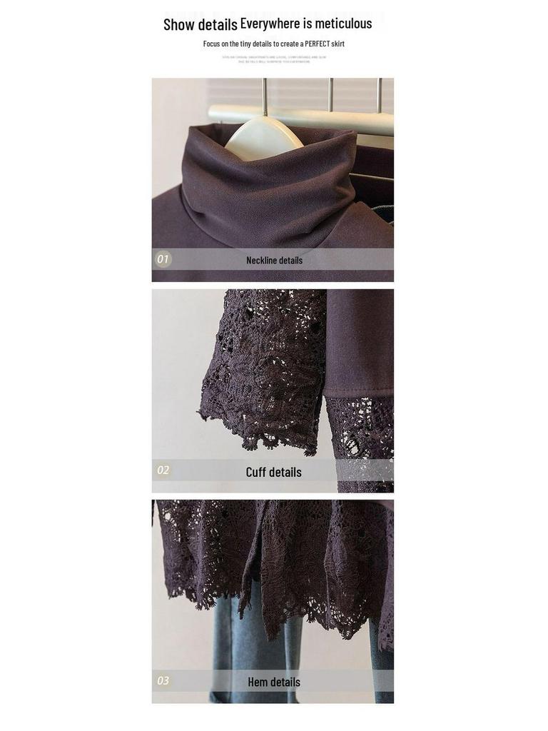 Женский топ большого размера из немецкого бархата с кружевом, длинный рукав, высокий воротник - Стройнящая осенне-зимняя верхняя одежда