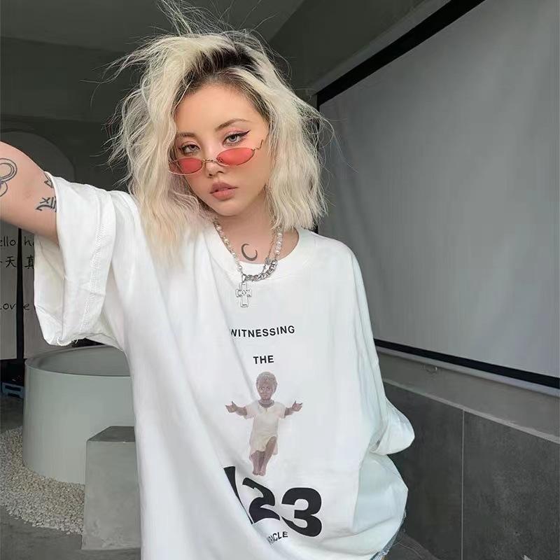 22SS cross-border European and American street tide brand RR123 little boy letter short-sleeved t-shirt male and female couples bf high street 