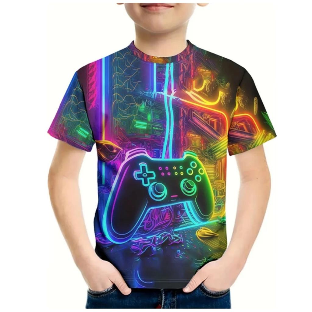 Kids Gamepad With Color Paint 3D Print Boy's T-shirt Crew Neck Short Sleeve T-shirt For Boy Casual Top For Summer Cool T Shirt