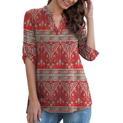 Женская рубашка с V-образным вырезом 45720, легкие топы с закатанными рукавами, туника с цветочным принтом и струящимся подолом