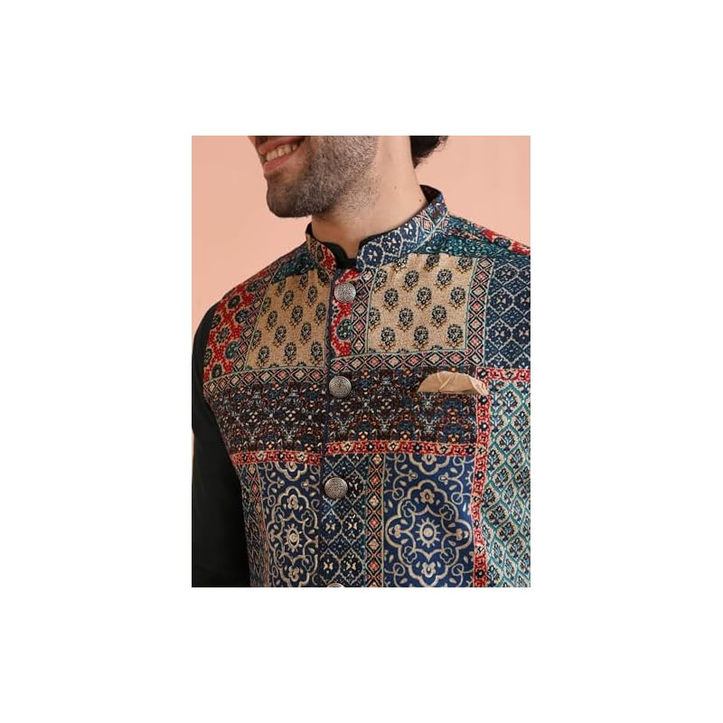 Kisah Men' Ethnic Wear Regular Fit Printed Cotton Blend MultiGreen Nehru Jacket4