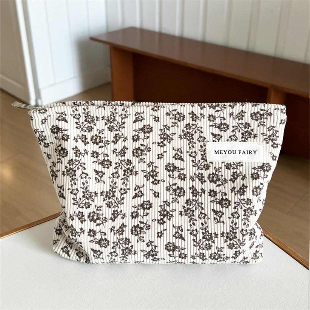 Travel Zipper Makeup Bag Corduroy with Bow Pattern Cosmetic Bag Large Capacity Storage Bag Outdoor