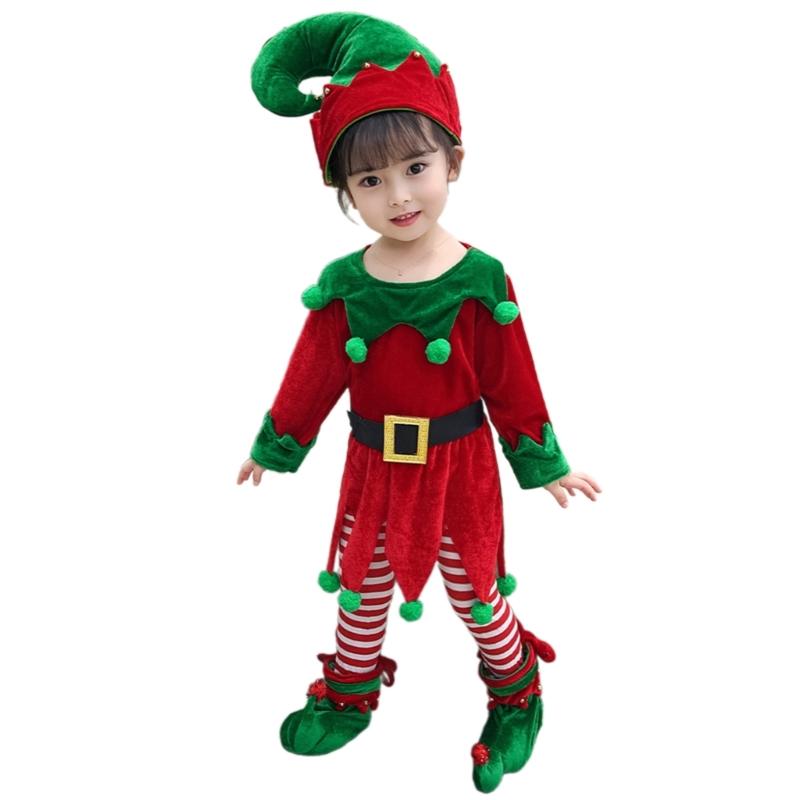 Children Christmas Dwarf Accessories for Boy Girl Kids Christmas Elf Costume Includes Elf Suit Elf Hat and Shoe Covers