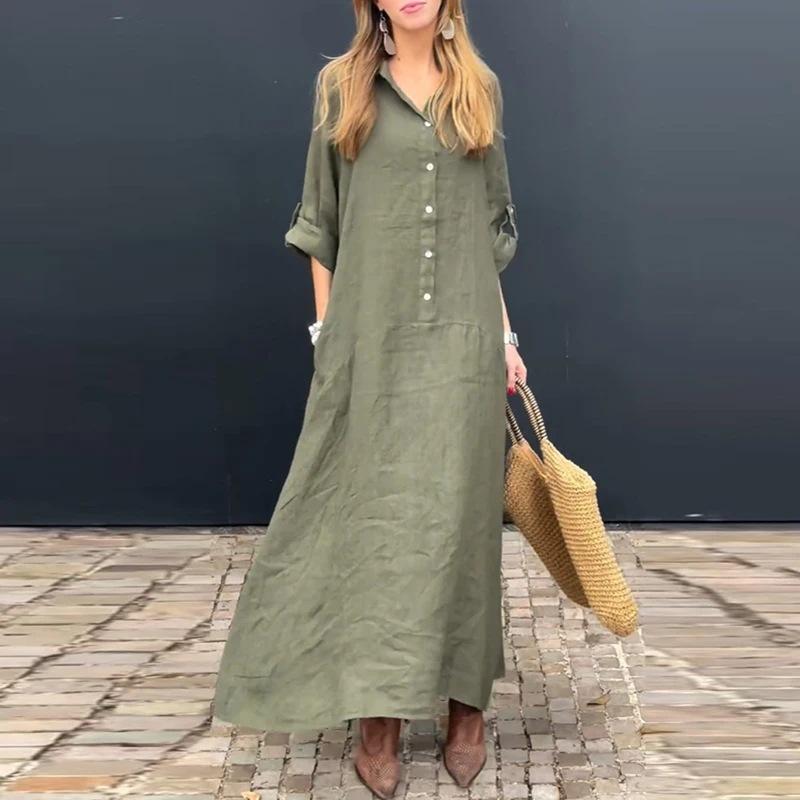 Women's Summer Casual Pockets Shirt Neck Long Dresses