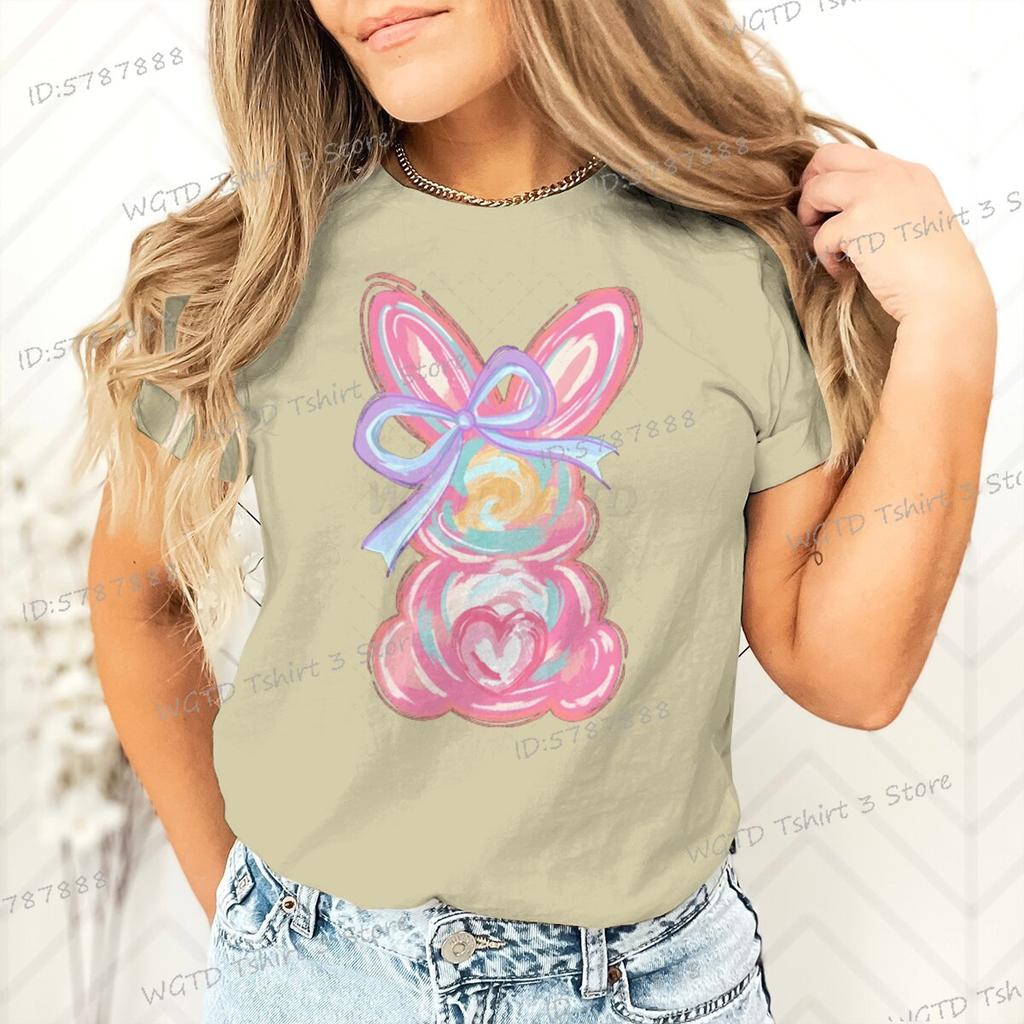 Womens Clothing Cute Bunny Easter Day Gift for Women Bunny Coquette Bow T Shirt Girls Easter Pink Bunny Crew Neck Retro Shirts