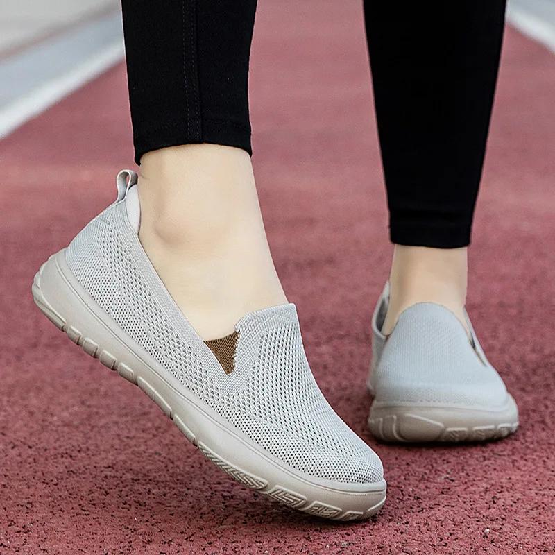 Women's Vulcanized Shoes Mesh Breathable Sneakers Slip On Flats Platform New Casual Shoes Ladies Anti-slip Walking Woven Shoes
