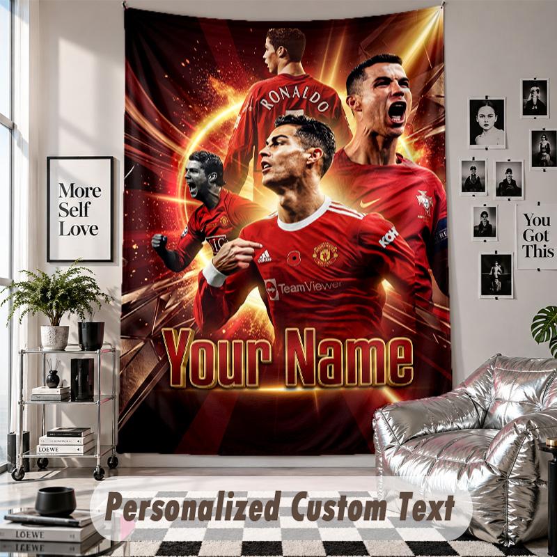 Wall Hanging Tapestry With Custom Name & Text, Cristiano Ronaldo Decorative Tapestry For Bedroom