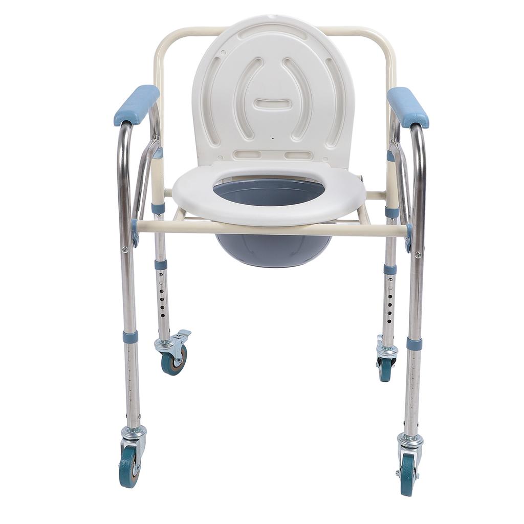 Bedside Commode Chair with Brake Wheels Carbon Steel Foldable Adjustable Height Multifunctional Toilet Chair