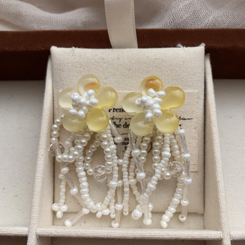 Yellow beaded flower long fringed stud earrings, holiday windy earrings, smart, less sweet and fresh