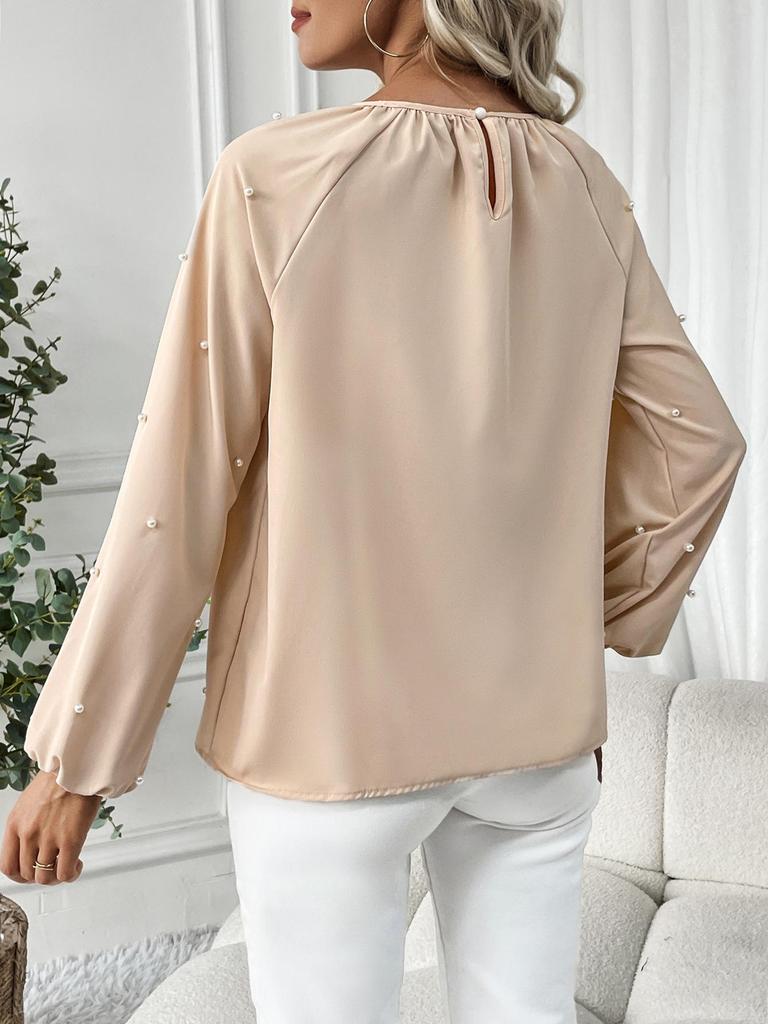Beaded Lantern Sleeve Round Neck Shirt - Autumn Fashion for Women