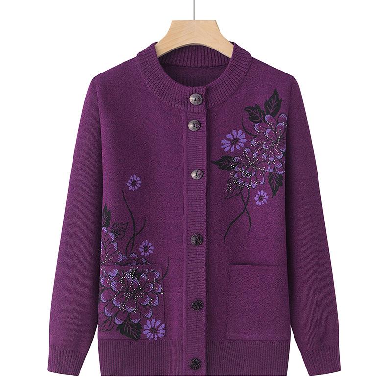 Print Middle-Aged Elderly Mother's Spring Autumn Long-Sleeve Sweater Women Knitted Bottoming Shirt Grandma Cardigan