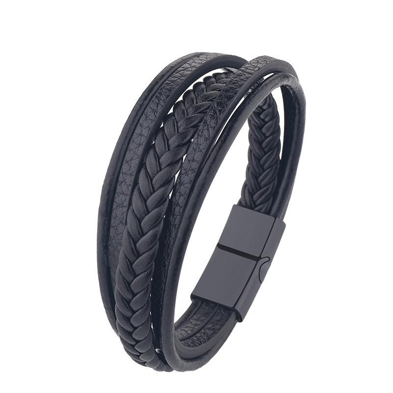 Новые модные кожаные браслеты 19 см для мужчин, многослойные плетеные веревочные браслеты из нержавеющей стали для мужчин, ювелирные изделия