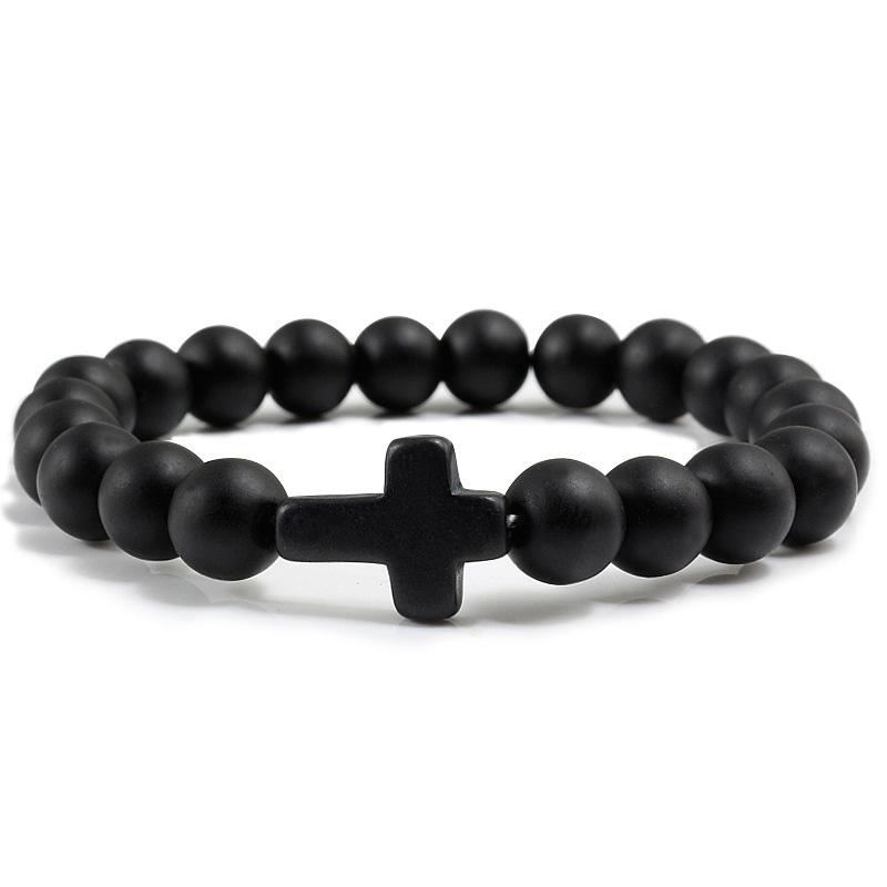 1PC Men Women Gift Cross Charm Beaded Bracelets Matte Bracelet Jewelry Handmade Natural Stone Prayer  Accessories