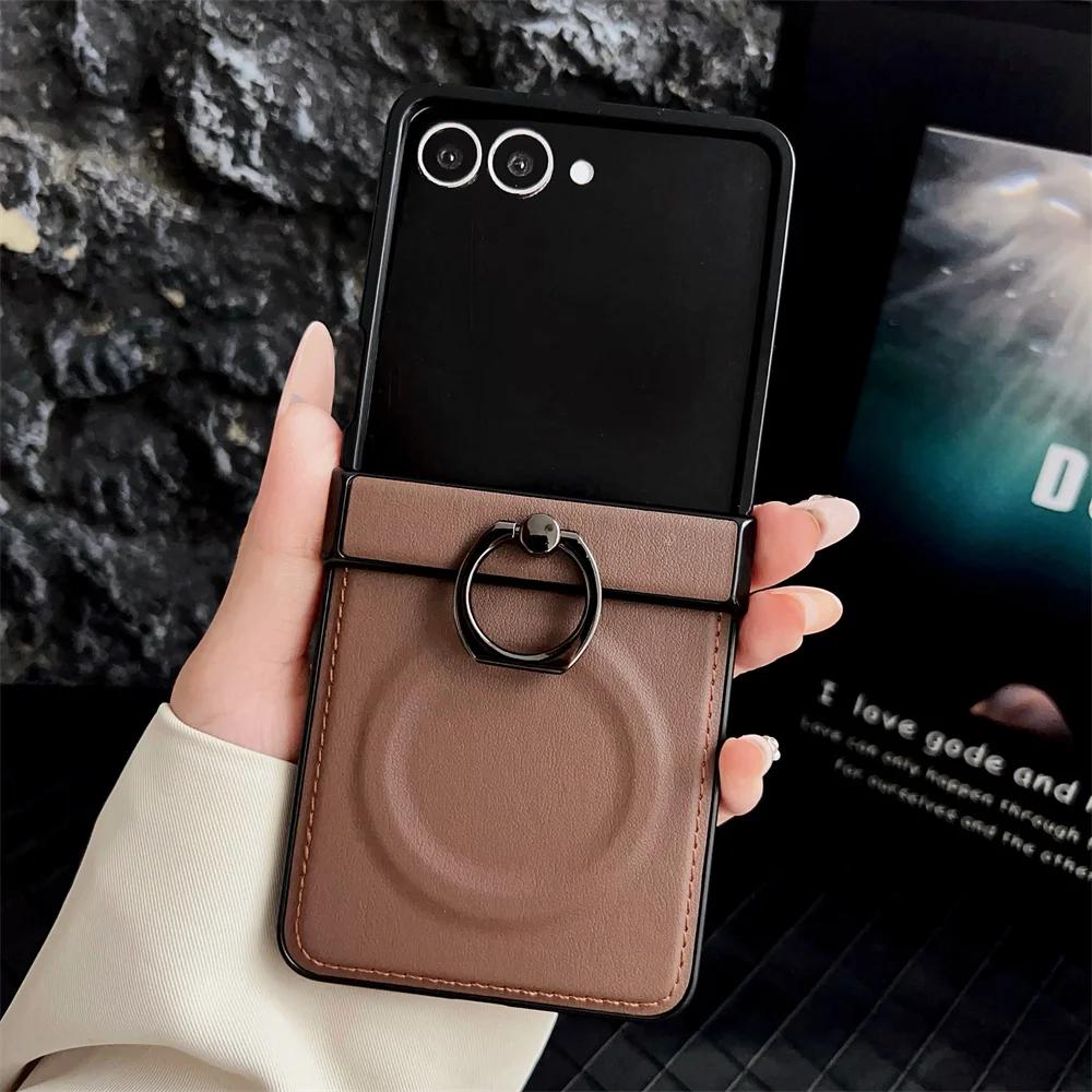 Чехол из ПУ кожи для телефона Samsung Z Flip 7 FE 6 5 4 3 Flip6 Flip5 Flip4 Flip7 5G 360 Вращающийся Магнитный Держатель-кольцо Задняя крышка
