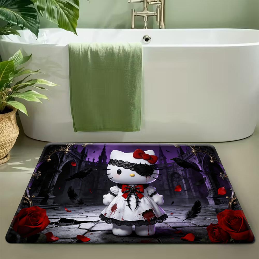 Cute Hello Kitty Fashion Leopard Area Rug, Sanrio Themed Floor Carpet, Anti-Slip Home Decoration Mat