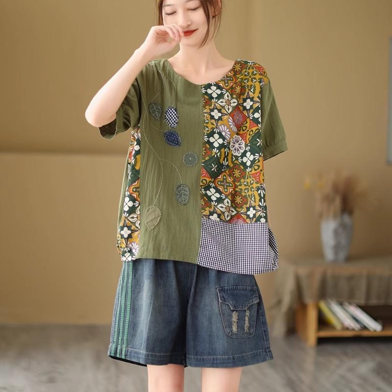 Dimanaf 2024 летние женские футболки больших размеров с цветочным принтом, элегантные лоскутные топы с рукавами, футболки, свободная повседневная льняная рубашка 91688