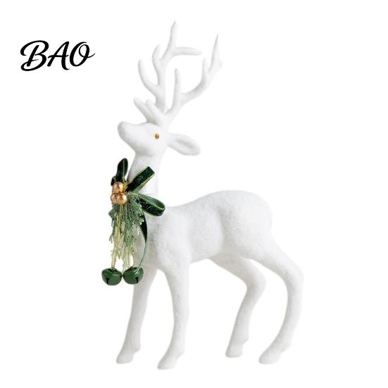 Minimalist White Flocked Ornaments Elk Ornament, Ribbon Bell Decor 3D Standing Deer Indoor Holiday Atmosphere Figurine, Decorative Accents for