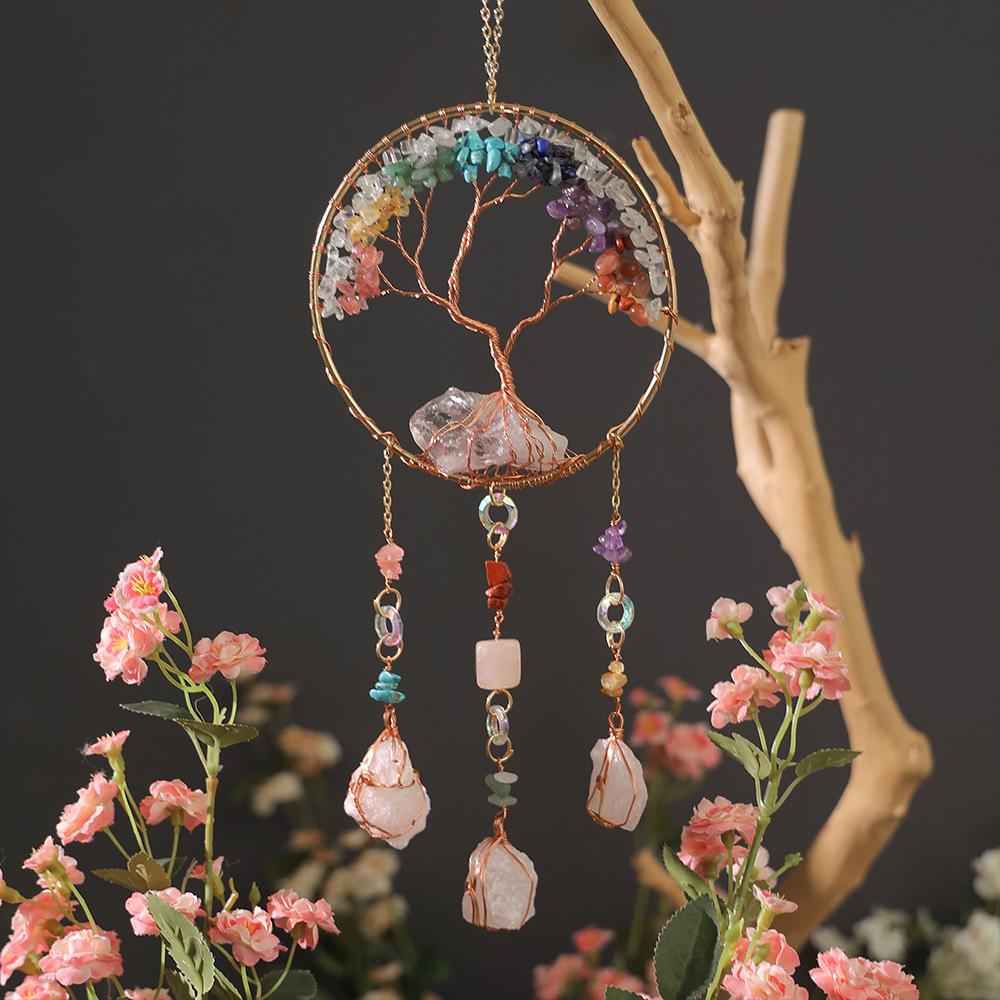 Hand-Woven Wind Chimes Life Tree Dream Crystal Wind Chime Crystal Stone Room Decoration Engraving Christmas