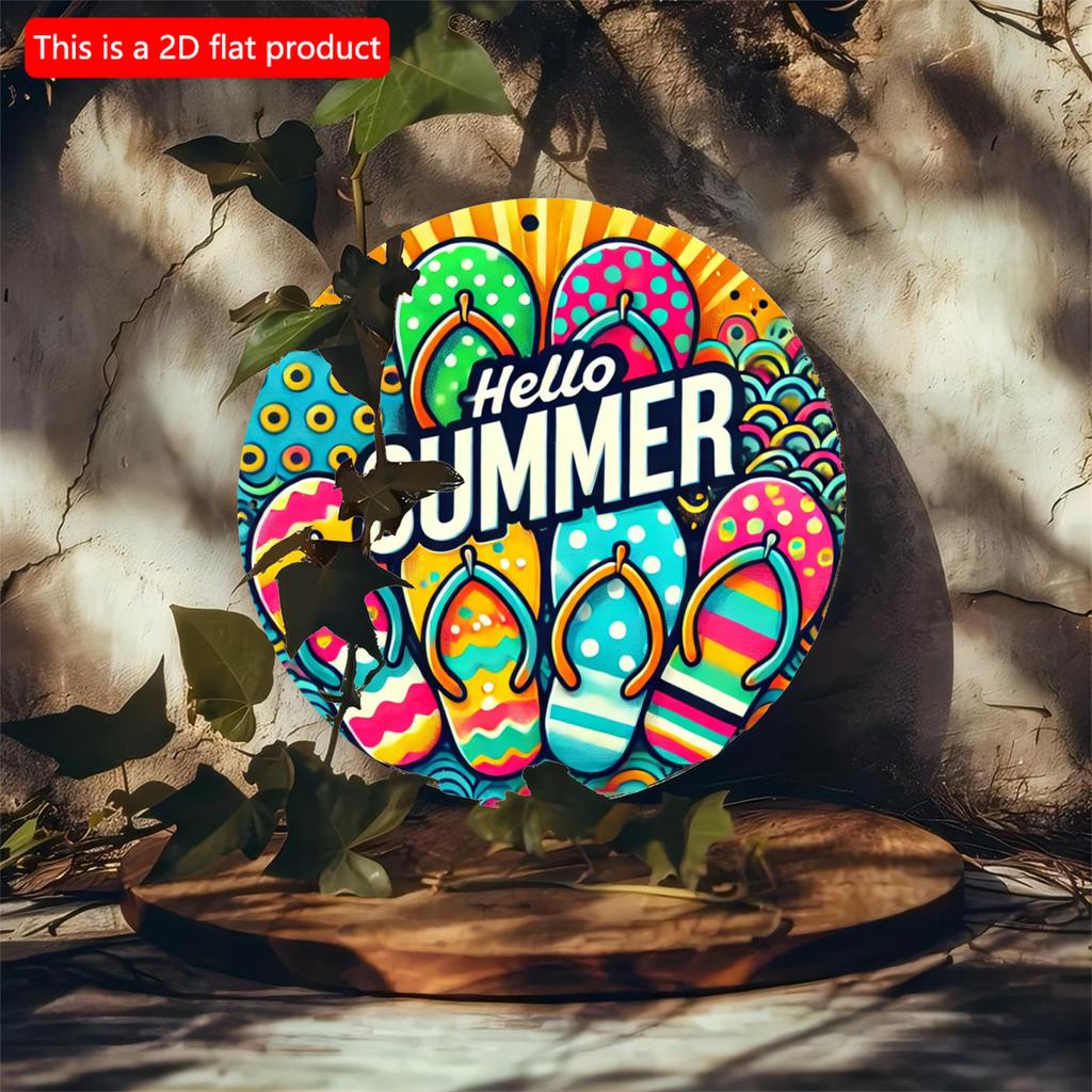 2d Flat 20*20cm "Hello Summer" Flip Wall Art, Vibrant Wooden Sign with Tropical Design, Circular Wooden Decoration, Suitable for Bars, Cafes or Clubs,